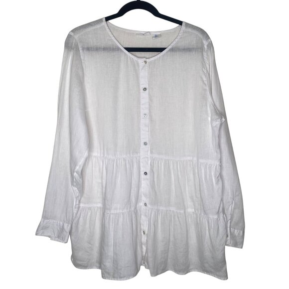 Sigrid Olsen Linen Tunic Top Womens L White Button-Down Tiered Roll Tab Sleeves - Picture 1 of 8
